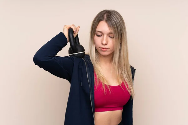 Young Sport Blonde Woman Isolated Background Making Weightlifting Kettlebell — 스톡 사진