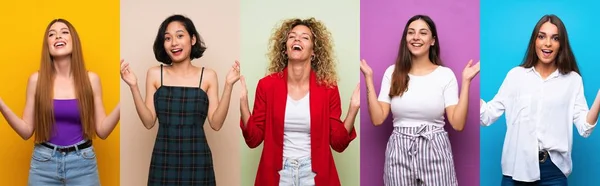 Conjunto Mulheres Sobre Fundo Colorido Isolado Sorrindo Muito — Fotografia de Stock