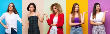 Set of women over isolated colorful background unhappy for not understand something