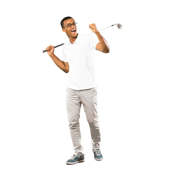 Tirador Longitud Completa Jugador Golf Afroamericano Hombre Sobre Fondo Blanco — Foto de Stock