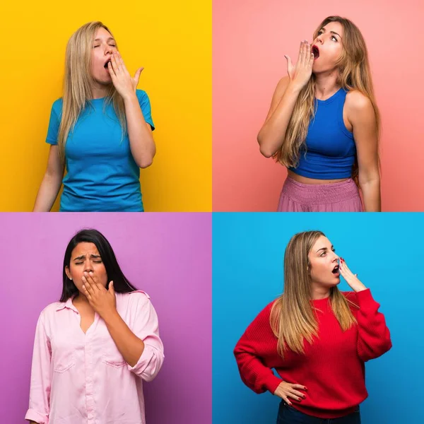 Set of women over isolated backgrounds yawning and covering wide open mouth with hand