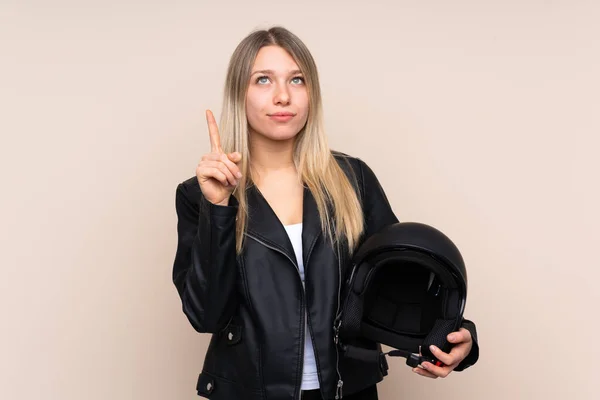 Junge Blonde Frau Mit Motorradhelm Über Isoliertem Hintergrund Die Mit — Stockfoto