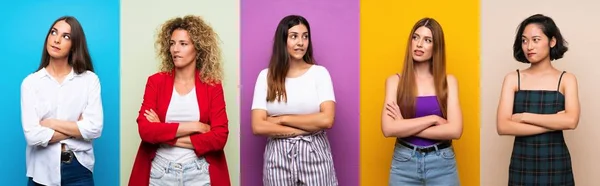 Set Women Isolated Colorful Background Confuse Face Expression — Stock Photo, Image