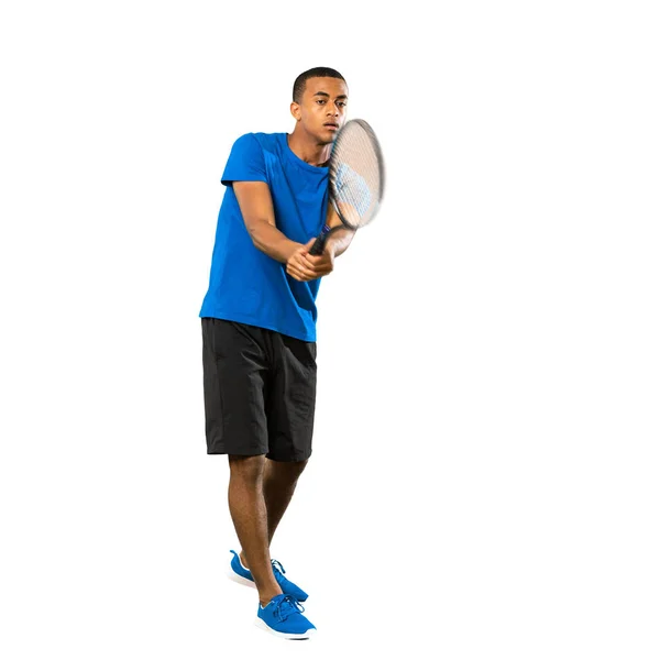 Tiro Completo Homem Jogador Tênis Afro Americano Sobre Fundo Branco — Fotografia de Stock