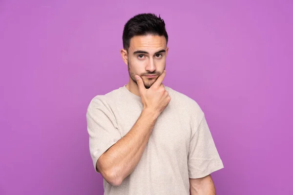 Young Handsome Man Isolated Purple Background Thinking — 스톡 사진