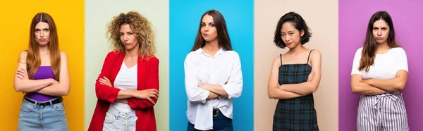 Uppsättning Kvinnor Över Isolerade Färgglada Bakgrund Känsla Upprörd — Stockfoto