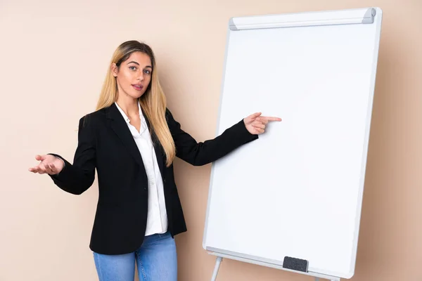 Young Uruguayan woman giving a presentation on white board