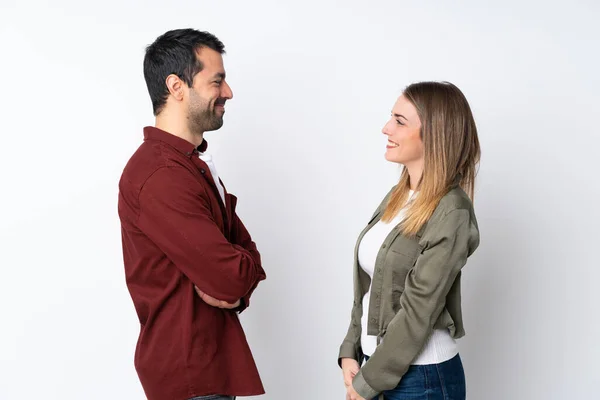 Couple Valentine Day Isolated Background Looking Each Other — Stock Photo, Image