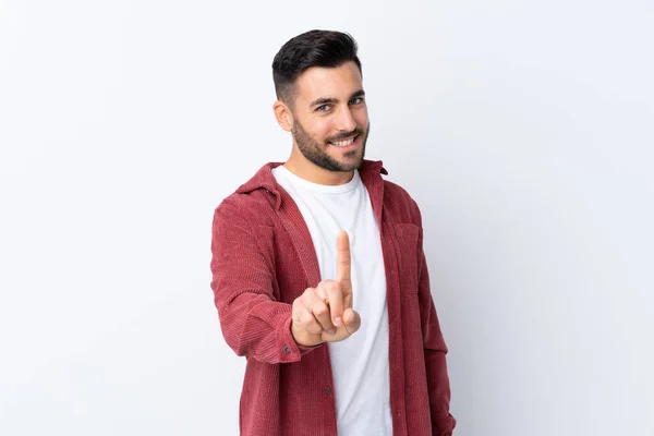 Homem Bonito Jovem Com Barba Vestindo Uma Jaqueta Veludo Sobre — Fotografia de Stock