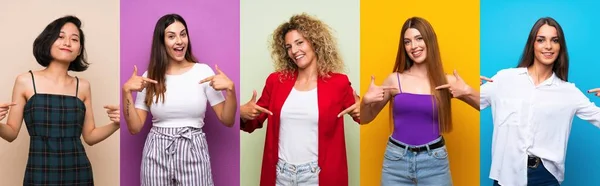 Conjunto Mulheres Sobre Fundo Colorido Isolado Orgulhoso Auto Satisfeito — Fotografia de Stock