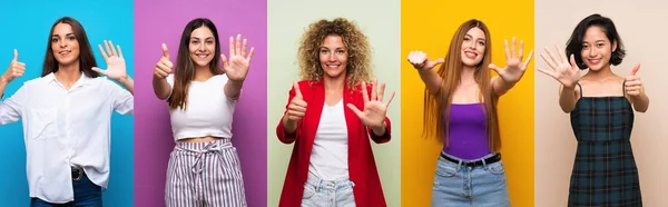 Rengarenk Geçmişi Olan Bir Grup Kadın Parmaklarıyla Altı Kişi Sayıyor — Stok fotoğraf