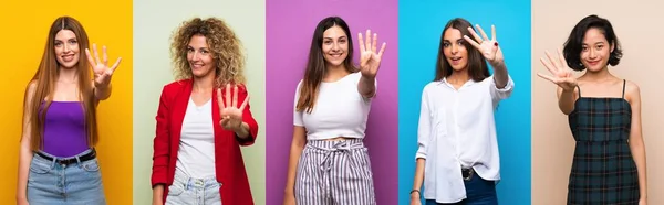 Набір Жінок Над Ізольованим Барвистим Тлом Щасливий Рахуючи Чотири Пальцями — стокове фото