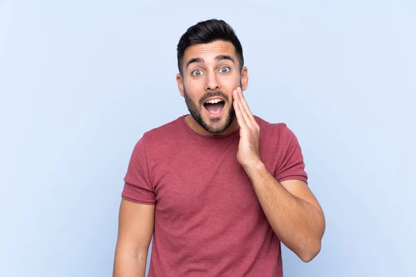 Young Handsome Man Beard Isolated Blue Background Surprise Shocked Facial — 스톡 사진