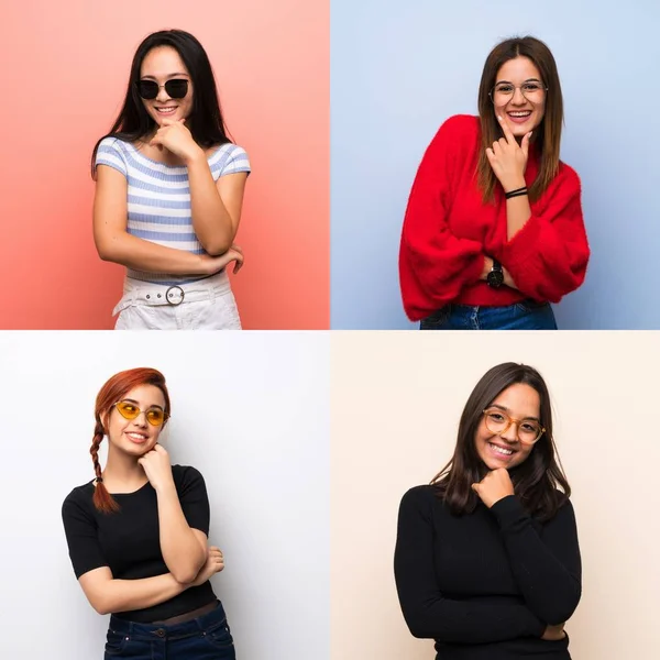 Conjunto Mujeres Sobre Fondos Aislados Con Gafas Sonriendo —  Fotos de Stock