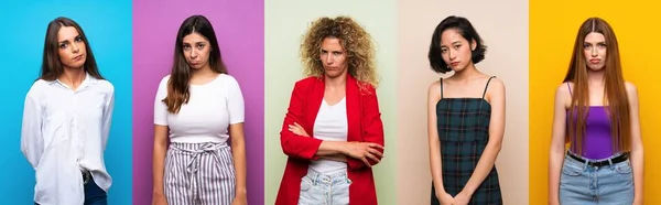 Uppsättning Kvinnor Över Isolerade Färgglada Bakgrund Med Sorgliga Och Deprimerade — Stockfoto