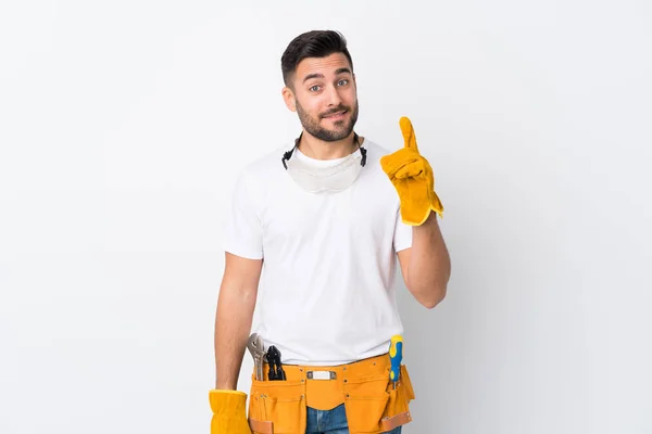 Artesãos Eletricista Homem Sobre Fundo Branco Isolado Apontando Com Dedo — Fotografia de Stock