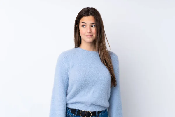 Adolescente Menina Sobre Isolado Fundo Branco Fazendo Dúvidas Gesto Olhando — Fotografia de Stock