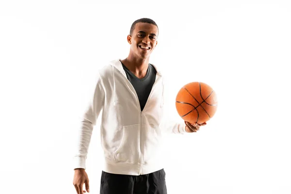 Afro Americano Jogador Basquete Homem Sobre Fundo Branco Isolado — Fotografia de Stock