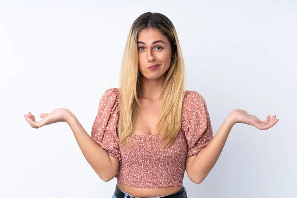 Young Uruguayan Woman Isolated White Background Having Doubts While Raising — 图库照片