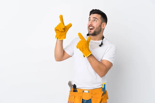 Craftsmen Electrician Man Isolated White Background Pointing Index Finger Great — Stock Photo, Image