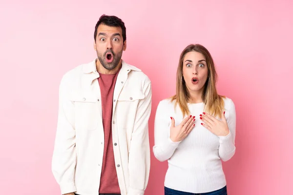 Couple Valentine Day Isolated Pink Background Surprise Shocked Facial Expression — 스톡 사진