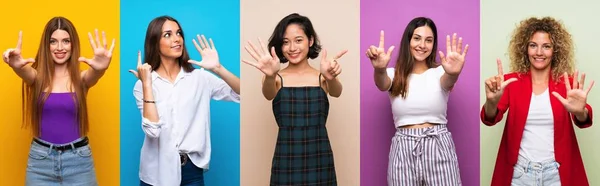 Set Women Isolated Colorful Background Counting Seven Fingers — Stockfoto