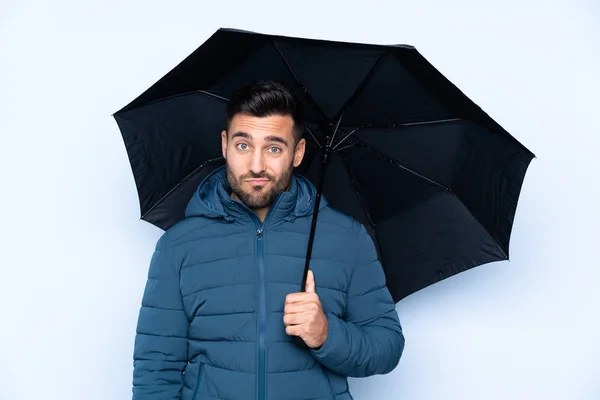 Hombre Sosteniendo Paraguas Sobre Fondo Aislado Con Expresión Triste — Foto de Stock