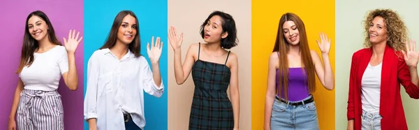 Set Van Vrouwen Geïsoleerde Kleurrijke Achtergrond Salueren Met Hand Met — Stockfoto