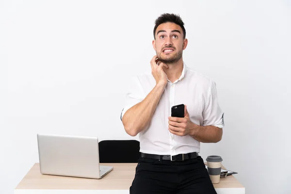 Young Business Man Mobile Phone Workplace Thinking Idea — Stock Photo, Image