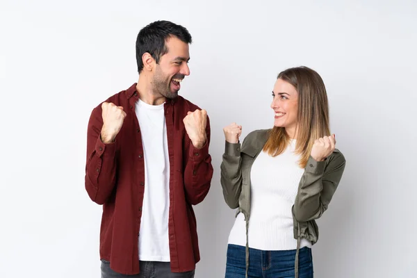 Pareja San Valentín Sobre Fondo Aislado Celebrando Una Victoria —  Fotos de Stock