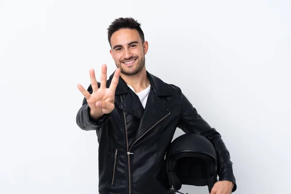 Чоловік Мотоциклетним Шоломом Щасливий Рахуючи Чотири Пальцями — стокове фото