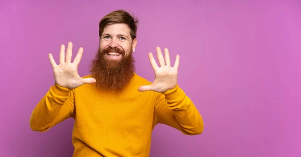 Hombre Pelirrojo Con Barba Larga Sobre Fondo Púrpura Aislado Contando — Foto de Stock
