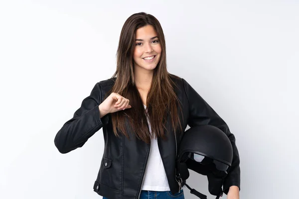 Mujer Joven Con Casco Motocicleta Sobre Fondo Blanco Aislado Orgulloso —  Fotos de Stock