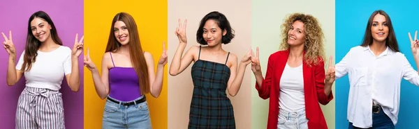 Set Women Isolated Colorful Background Showing Victory Sign Both Hands — Stockfoto