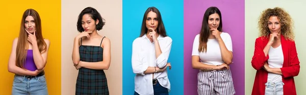Uppsättning Kvinnor Över Isolerade Färgglada Bakgrund Tänkande — Stockfoto