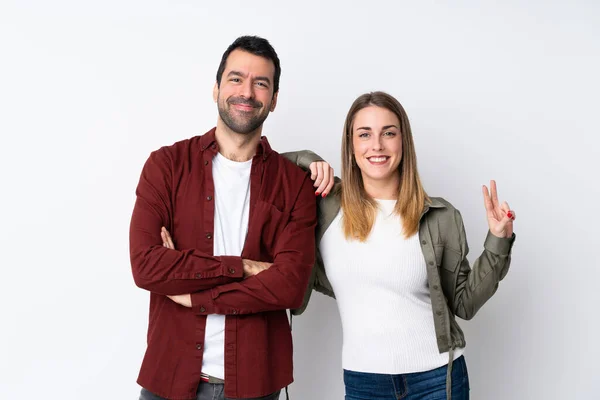 Paar Valentinstag Über Isoliertem Hintergrund Lächelnd Und Mit Siegeszeichen — Stockfoto