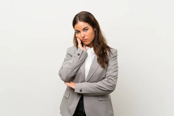 Jovem Mulher Negócios Sobre Isolado Fundo Branco Infeliz Frustrado — Fotografia de Stock
