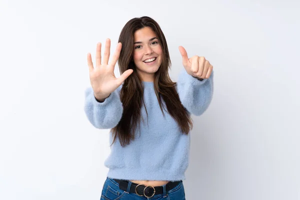 Teenager Mädchen Über Isoliertem Weißem Hintergrund Das Mit Fingern Sechs — Stockfoto