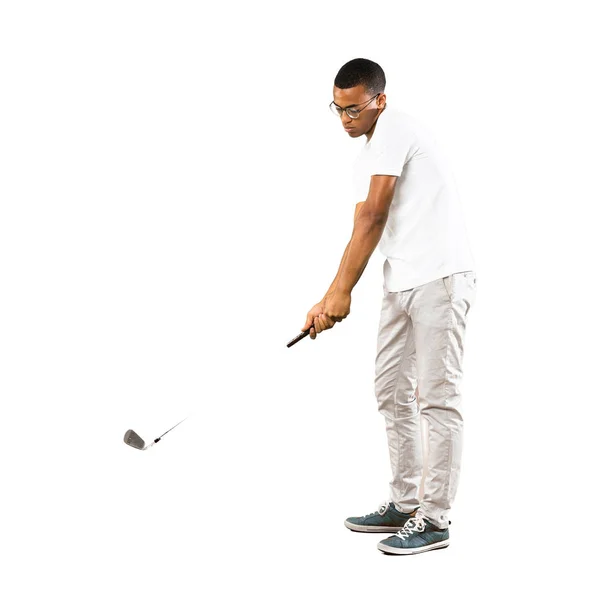 Tiro Completo Jogador Golfe Afro Americano Homem Sobre Fundo Branco — Fotografia de Stock