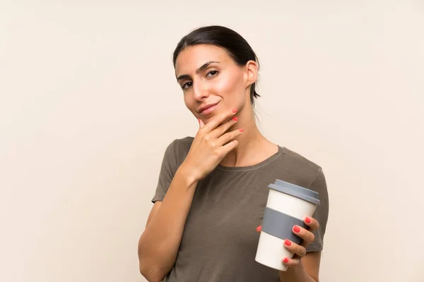 Young Woman Holding Take Away Coffee Thinking Idea — 스톡 사진