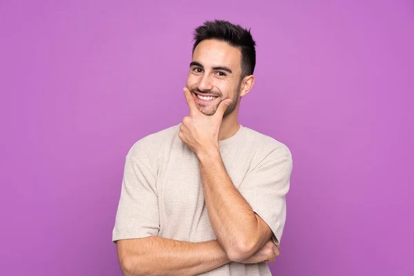 Young Handsome Man Isolated Purple Background Smiling — 스톡 사진