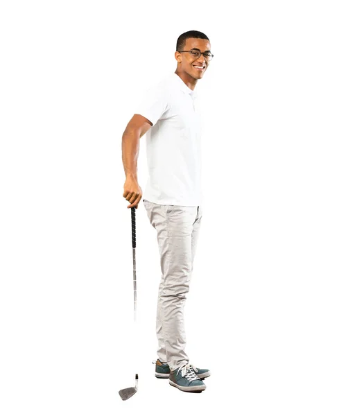 Full Length Colpo Afro Giocatore Golf Americano Uomo Sfondo Bianco — Foto Stock