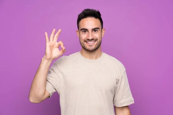 Young Handsome Man Isolated Purple Background Showing Sign Fingers — 스톡 사진