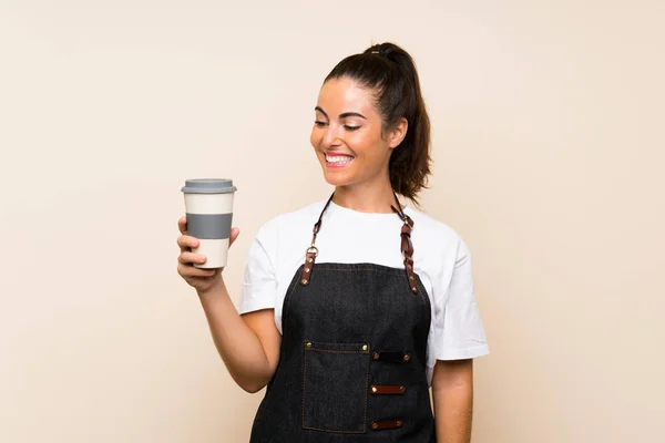 Young Employee Woman Holding Take Away Coffee Happy Expression — Stock Photo, Image