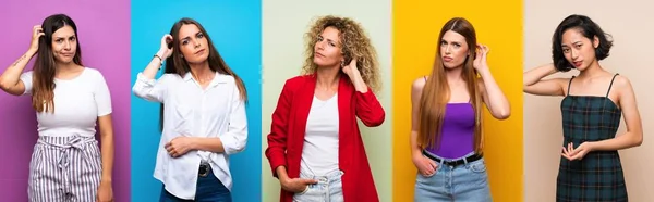 Uppsättning Kvinnor Över Isolerade Färgglada Bakgrund Med Tvivel — Stockfoto
