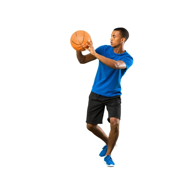 Fullängds Skott Afro Amerikansk Basketspelare Man Över Isolerad Vit Bakgrund — Stockfoto