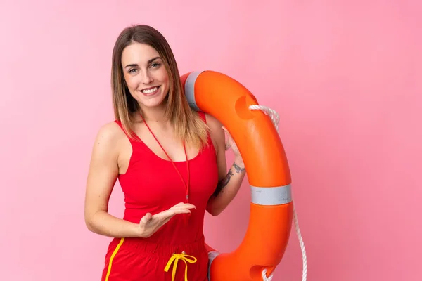 Lifeguard Woman Isolated Background Extending Hands Side Inviting Come — 스톡 사진