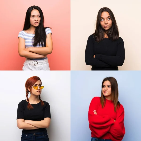 Conjunto Mujeres Sobre Fondos Aislados Con Expresión Facial Confusa —  Fotos de Stock