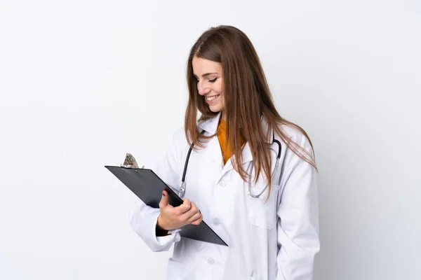 Young Woman Isolated Background Wearing Doctor Gown Holding Folder — Stock Photo, Image
