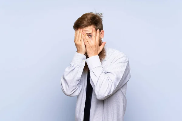Businessman Long Beard Isolated Background Covering Eyes Looking Fingers — 스톡 사진